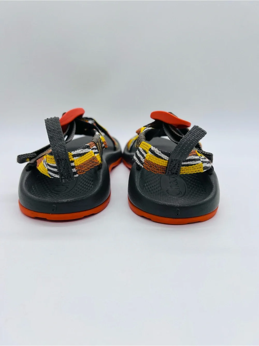 Chaco Kids Z1 Ecotread Sandals in Black, Orange, Yellow Checkerboard Size 3
